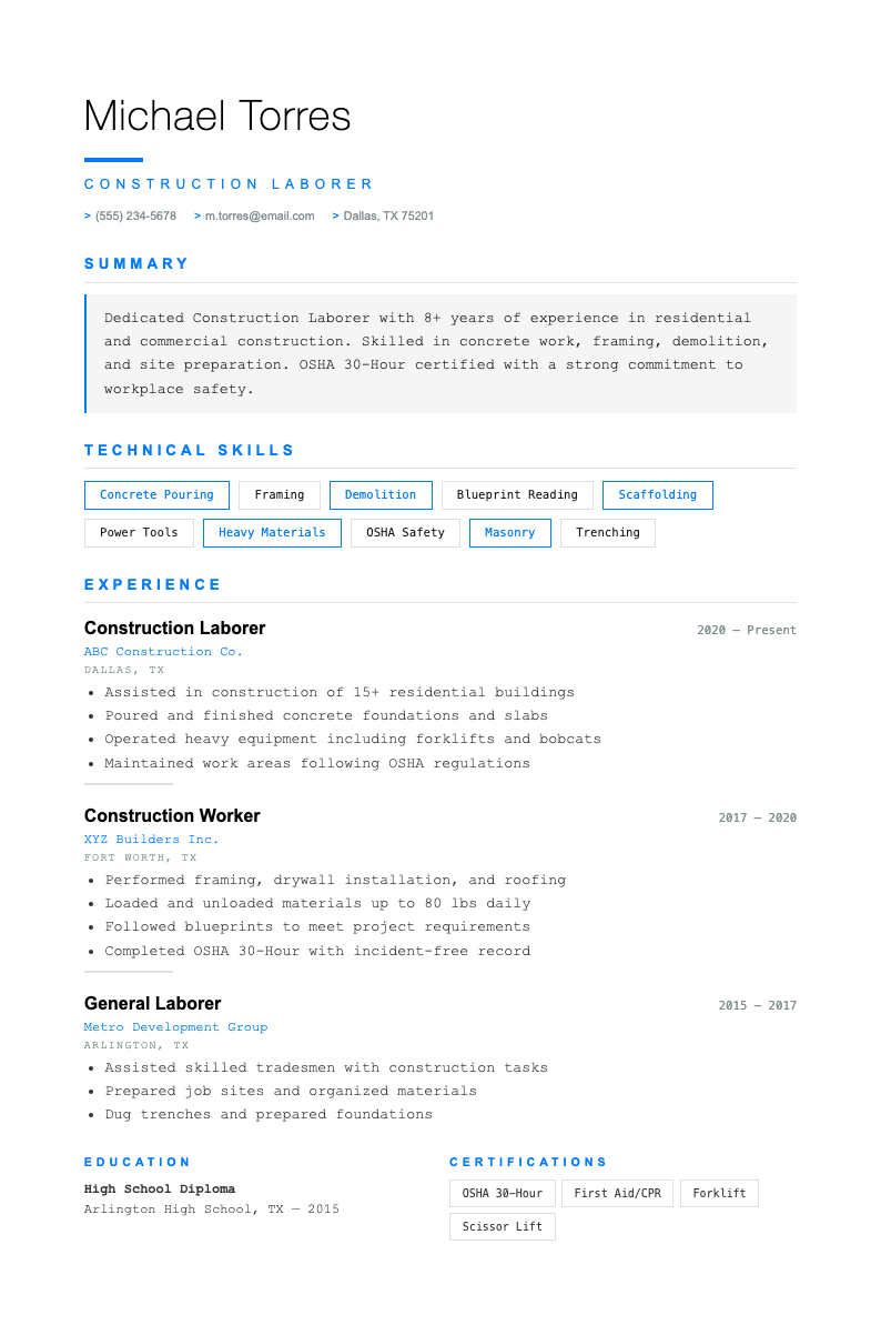 Tech Minimalist construction laborer resume